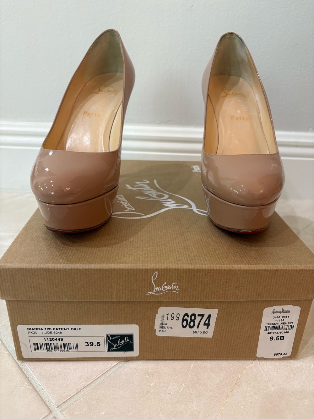 Authentic Christian Louboutin Bianca 120 Nude Patent Leather Platform Heels (9.5